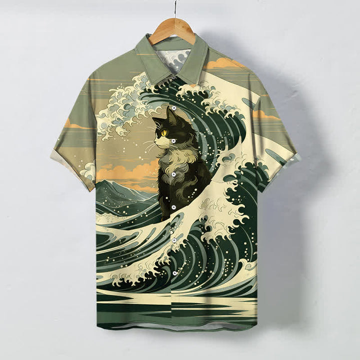 Buddha Stones Atmungsaktives Herren-Kurzarmhemd mit schwarzem Katzenmuster und Knöpfen im Great Wave-Design - Olivgrün - US/ UK/AU48, EU58 (4XL) - image 5
