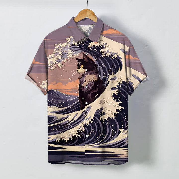 Buddha Stones Atmungsaktives Herren-Kurzarmhemd mit schwarzem Katzenmuster und Knöpfen im Great Wave-Design - Distel - US/ UK/AU48, EU58 (4XL) - image 7