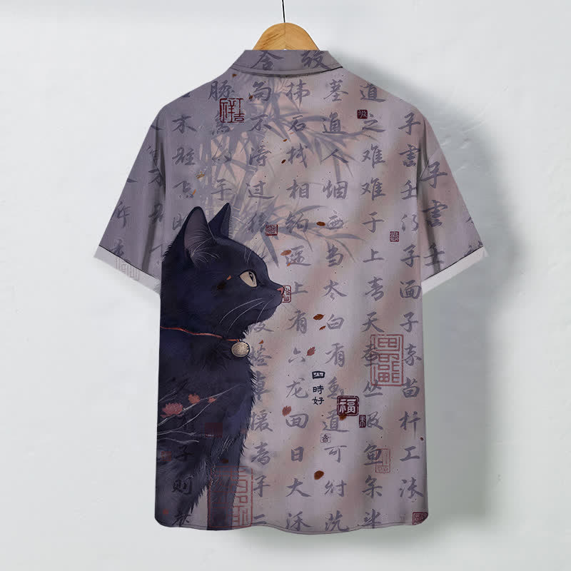 Buddha Stones Atmungsaktives Herren-Kurzarmhemd mit schwarzem Katzen-Kalligrafie-Siegelmuster und Knöpfen - image 8
