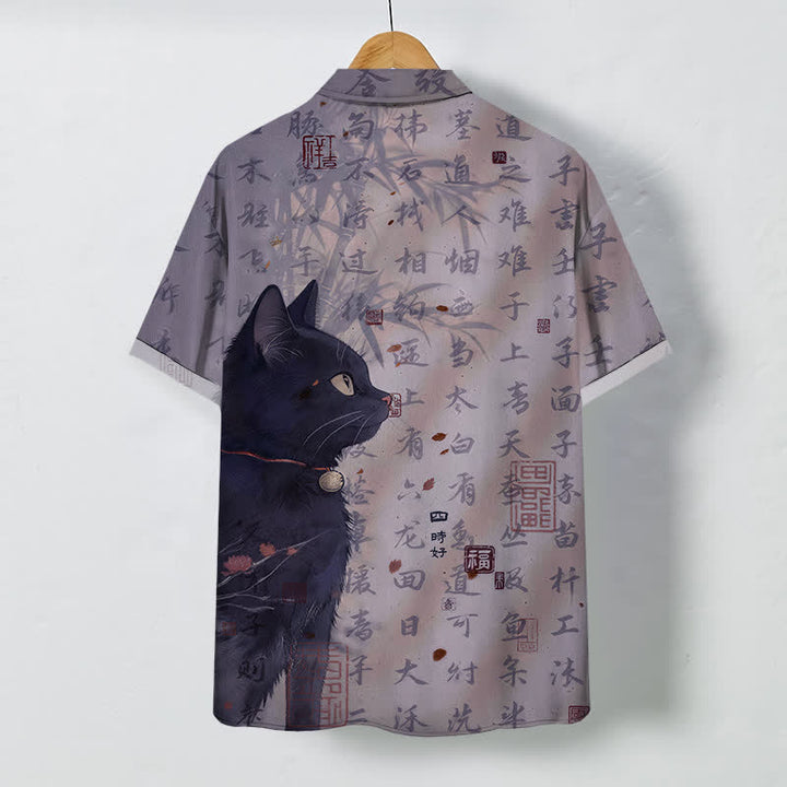 Buddha Stones Atmungsaktives Herren-Kurzarmhemd mit schwarzem Katzen-Kalligrafie-Siegelmuster und Knöpfen - image 8