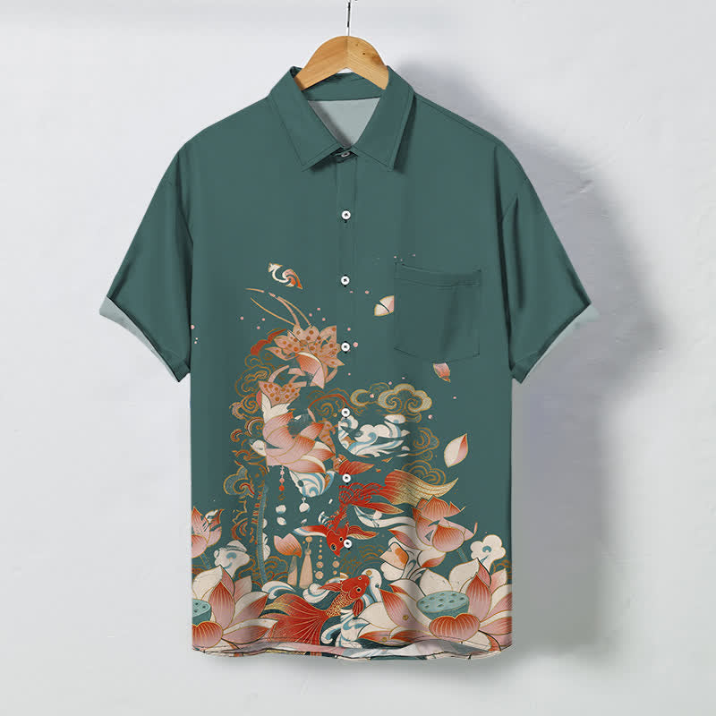 Buddha Stones Lotus Koi Fisch Wolken Wellenmuster Knöpfe Atmungsaktives Herren Kurzarmhemd - Türkis - US/ UK/AU48, EU58 (4XL) - image 0