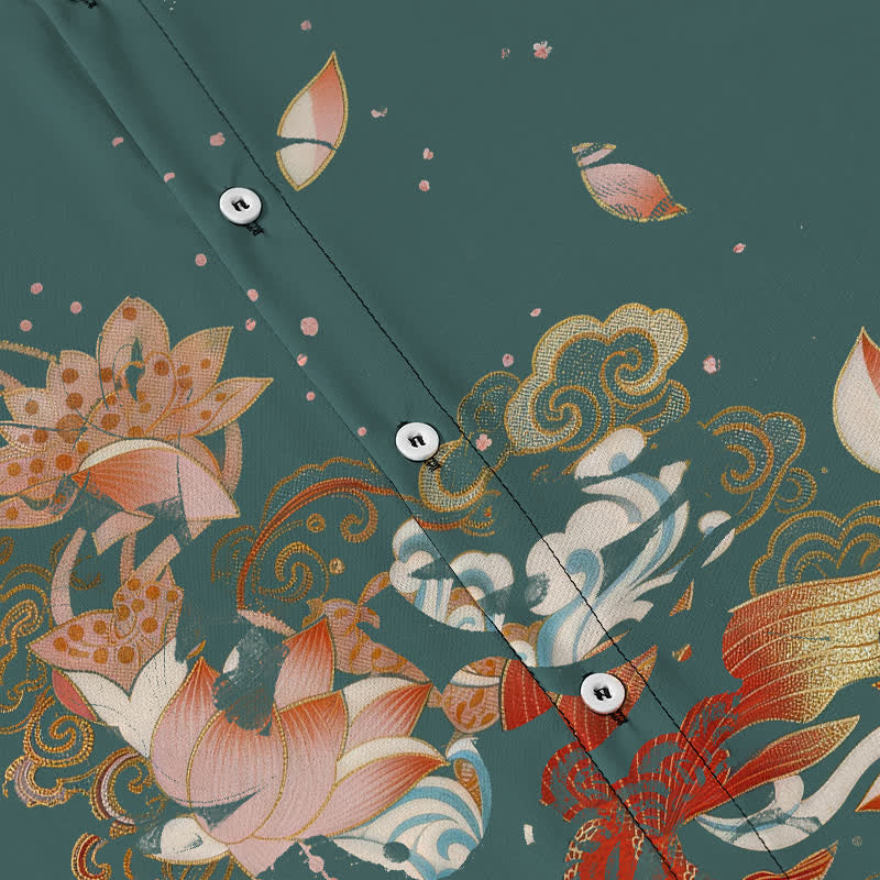 Buddha Stones Lotus Koi Fisch Wolken Wellenmuster Knöpfe Atmungsaktives Herren Kurzarmhemd - image 3