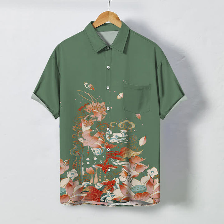 Buddha Stones Lotus Koi Fisch Wolken Wellenmuster Knöpfe Atmungsaktives Herren Kurzarmhemd - Dunkelseegrün - US/ UK/AU48, EU58 (4XL) - image 5