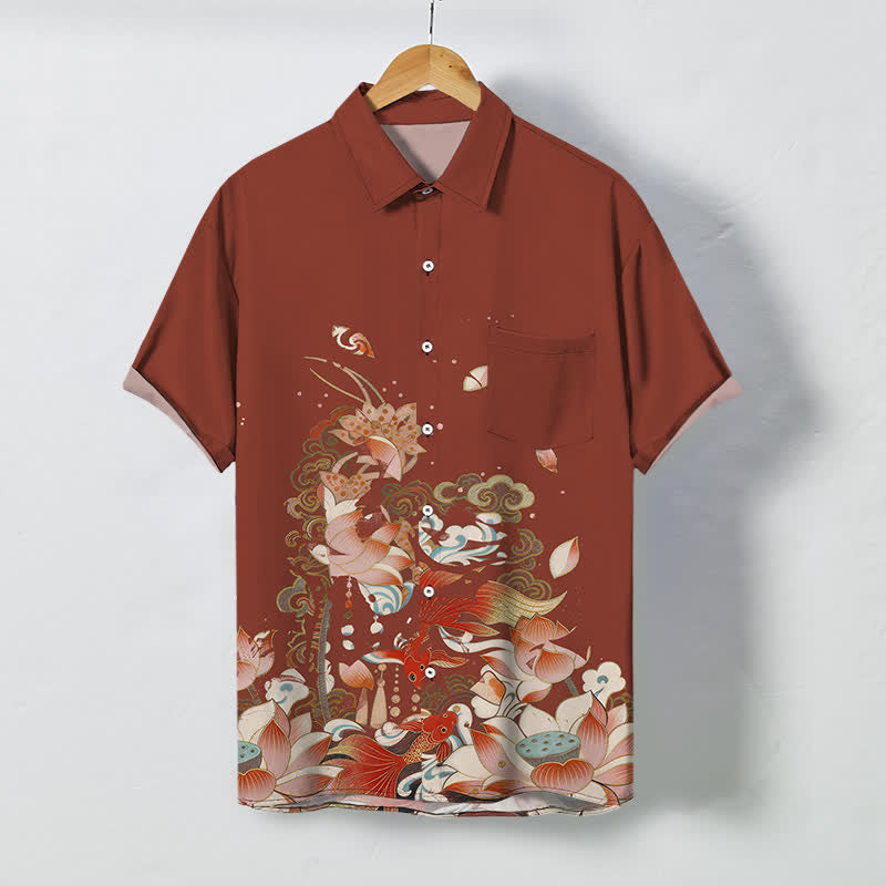 Buddha Stones Lotus Koi Fisch Wolken Wellenmuster Knöpfe Atmungsaktives Herren Kurzarmhemd - Sienna - US/ UK/AU48, EU58 (4XL) - image 7