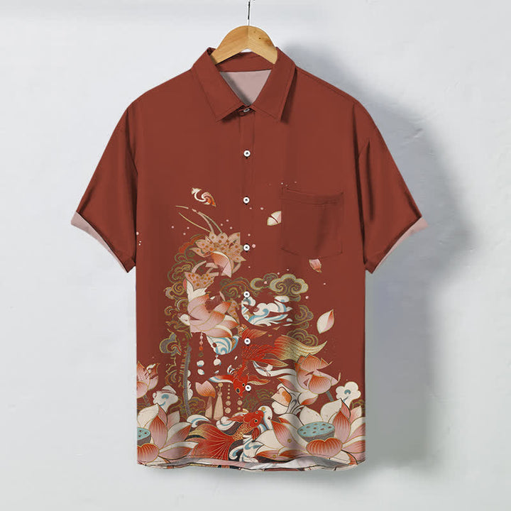 Buddha Stones Lotus Koi Fisch Wolken Wellenmuster Knöpfe Atmungsaktives Herren Kurzarmhemd - Sienna - US/ UK/AU48, EU58 (4XL) - image 7