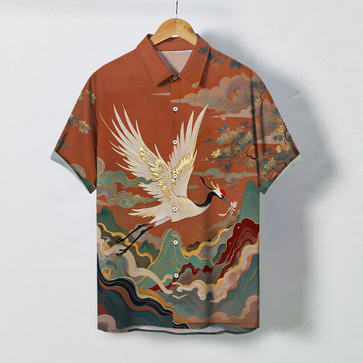 Buddha Stones Herren-Kurzarmhemd mit fliegendem Kranich, Wolken-, Wellen- und weißem Blumenmuster, Knöpfen, atmungsaktiv - Sienna - US/ UK/AU48, EU58 (4XL) - image 0