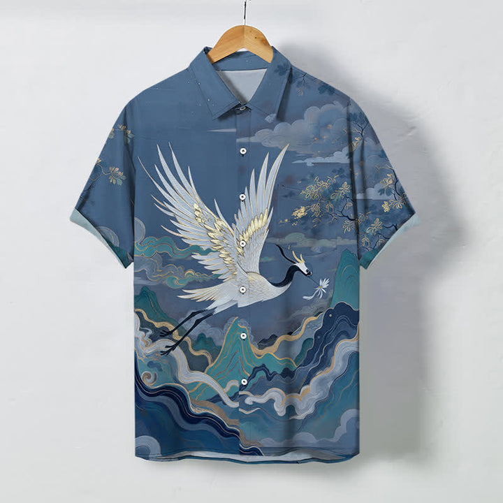 Buddha Stones Herren-Kurzarmhemd mit fliegendem Kranich, Wolken-, Wellen- und weißem Blumenmuster, Knöpfen, atmungsaktiv - SteelBlue - US/ UK/AU48, EU58 (4XL) - image 5
