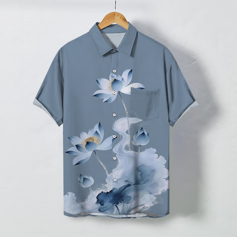 Buddha Stones Herren-Kurzarmhemd mit blau-lotusfarbenem Tintenmuster und knitterfreiem Material - Hellstahlblau - US/ UK/AU48, EU58 (4XL) - image 5