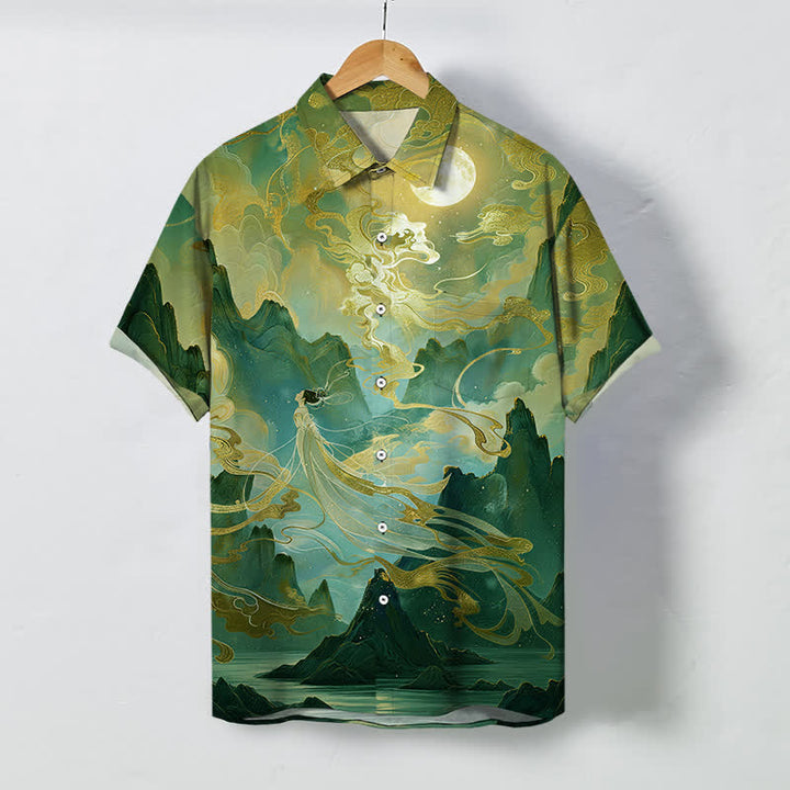 Buddha Stones Herren-Kurzarmhemd mit Nebelberg-Mondwolkenmuster, Knöpfen und knitterfreiem Material - SeaGreen - US/ UK/AU48, EU58 (4XL) - image 5