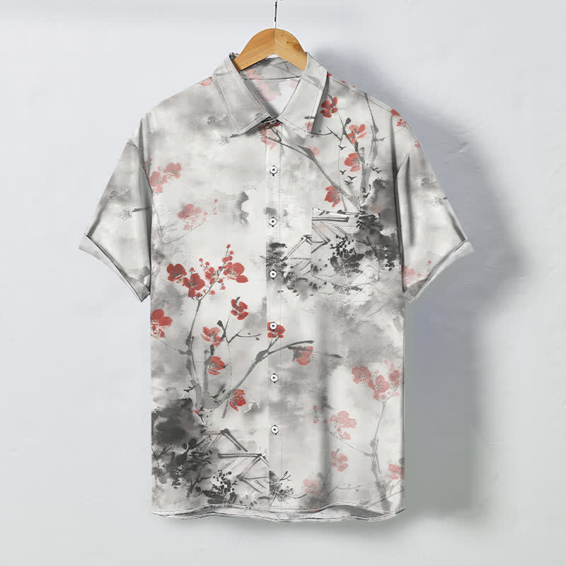 Buddha Stones Kurzarmhemd für Herren in Tintenrot mit floralem Zweig- und Blütenhausmuster, Knöpfen, atmungsaktiv - Weißer Rauch - US/ UK/AU48, EU58 (4XL) - image 0