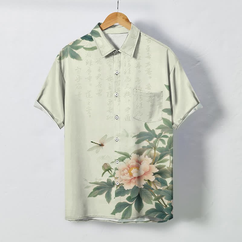 Buddha Stones Herren-Kurzarmhemd mit rosa Pfingstrosenblatt-Libellenmuster, Knöpfen, atmungsaktivem Material - Honigmelone - US/ UK/AU48, EU58 (4XL) - image 5