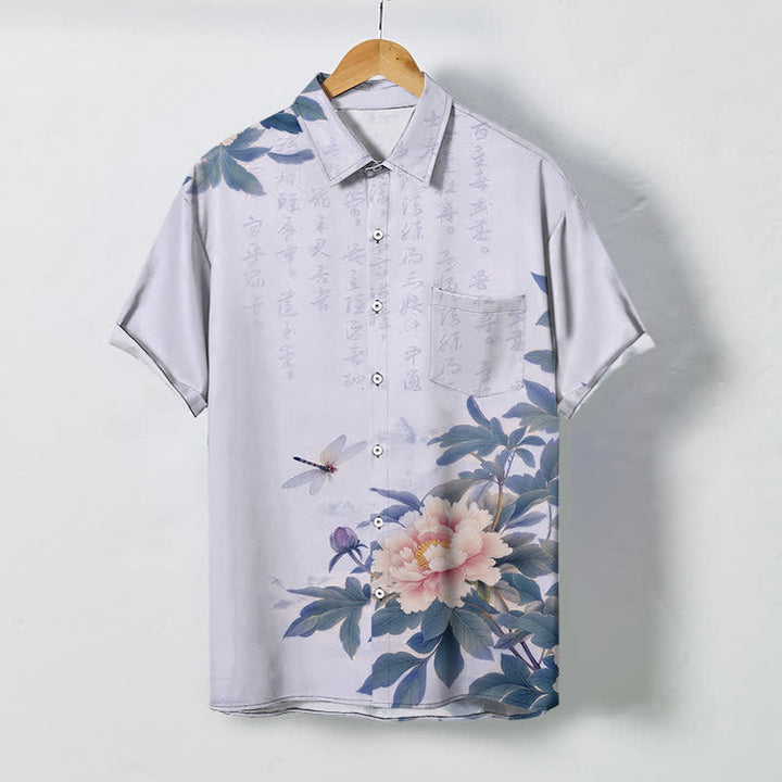 Buddha Stones Herren-Kurzarmhemd mit rosa Pfingstrosenblatt-Libellenmuster, Knöpfen, atmungsaktivem Material - Lavendel - US/ UK/AU48, EU58 (4XL) - image 7