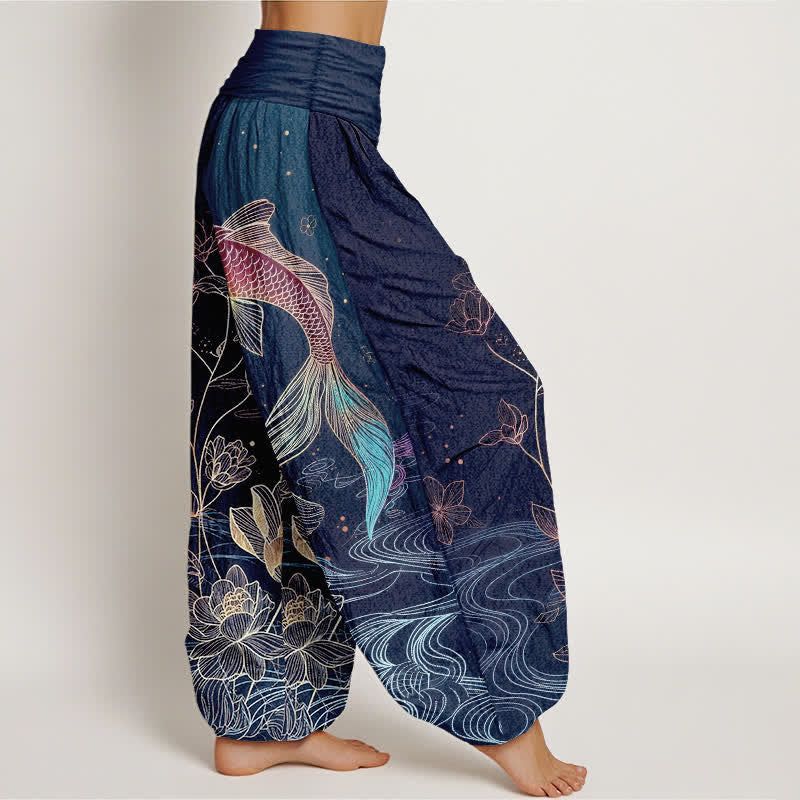 Buddha Stones Damen-Haremshose aus reiner Baumwolle mit Lotus-Koi-Fischmuster und elastischem Bund. - image 2