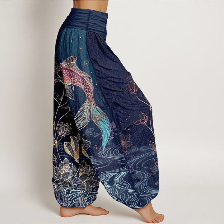 Buddha Stones Damen-Haremshose aus reiner Baumwolle mit Lotus-Koi-Fischmuster und elastischem Bund. - image 2