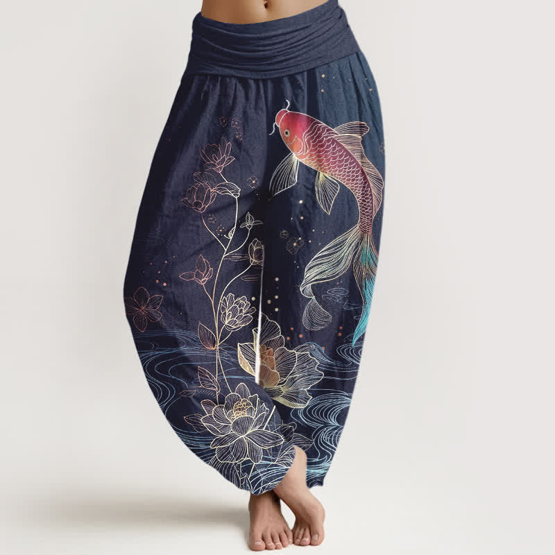 Buddha Stones Damen-Haremshose aus reiner Baumwolle mit Lotus-Koi-Fischmuster und elastischem Bund. - SteelBlue - US16, UK/AU20, EU48 (3XL) - image 0