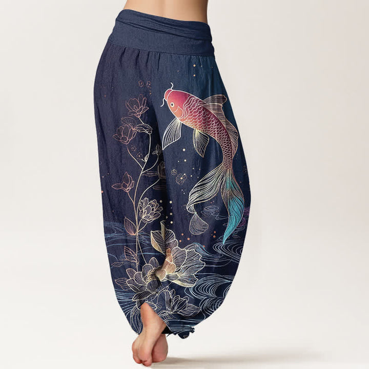 Buddha Stones Damen-Haremshose aus reiner Baumwolle mit Lotus-Koi-Fischmuster und elastischem Bund. - image 1