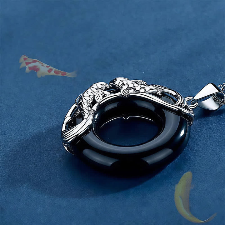 Buddha Stones Halskette mit Anhänger in Form einer runden Friedensschnalle aus schwarzem Obsidian und Koi-Fisch. - image 3