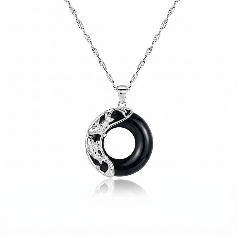 Buddha Stones Halskette mit Anhänger in Form einer runden Friedensschnalle aus schwarzem Obsidian und Koi-Fisch. - image 4