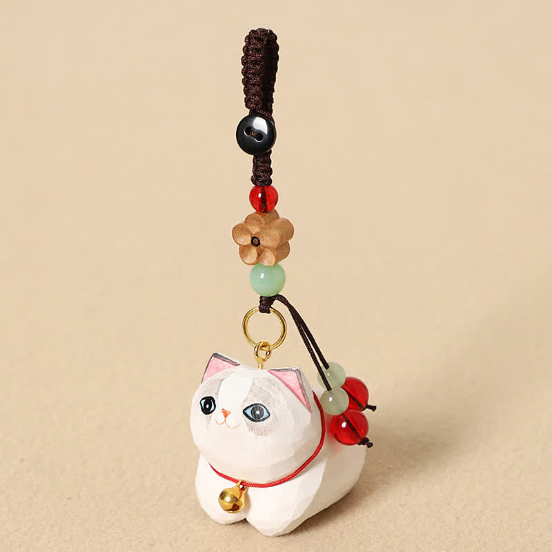 Buddha Stones Schlüsselanhänger aus Naturholz, handgeschnitzt, liegende Katze, Om Mani Padme Hum, Frieden - Weiße Katze Pflaumenblüte - image 8