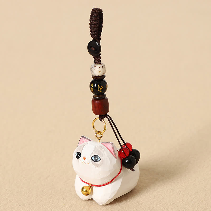 Buddha Stones Schlüsselanhänger aus Naturholz, handgeschnitzt, liegende Katze, Om Mani Padme Hum, Frieden - White Cat Om Mani Padme Hum - image 10