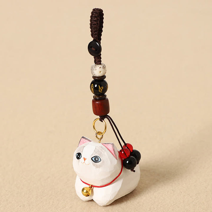 Buddha Stones Schlüsselanhänger aus Naturholz, handgeschnitzt, liegende Katze, Om Mani Padme Hum, Frieden - White Cat Om Mani Padme Hum - image 10