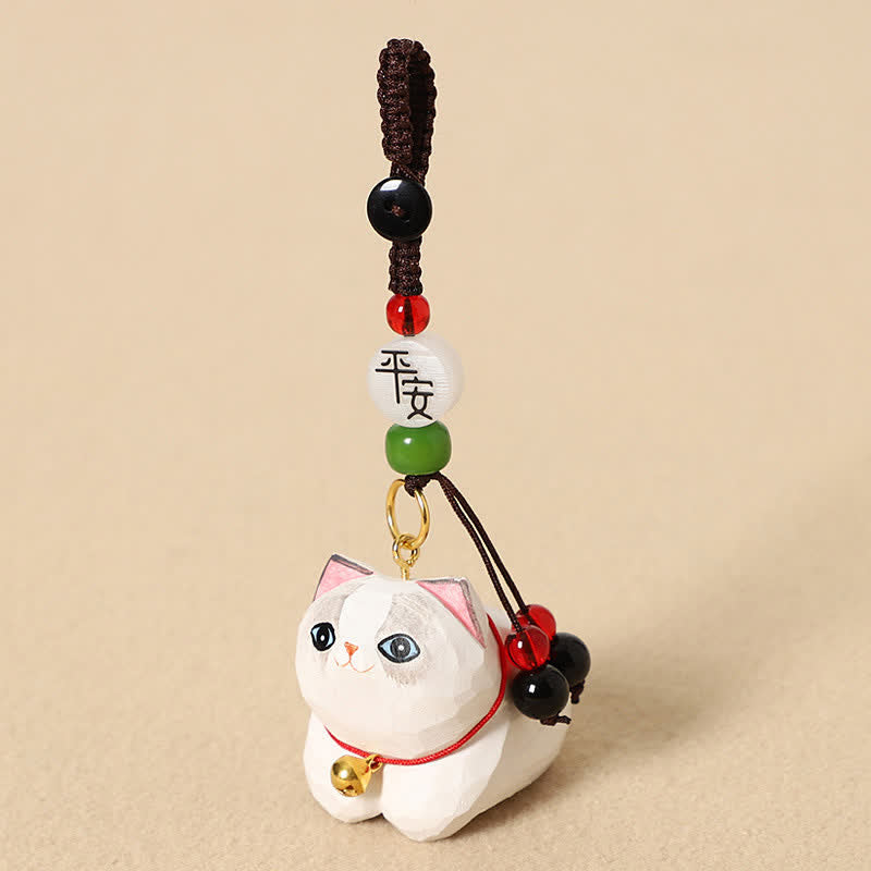 Buddha Stones Schlüsselanhänger aus Naturholz, handgeschnitzt, liegende Katze, Om Mani Padme Hum, Frieden - White Cat Peace - image 9