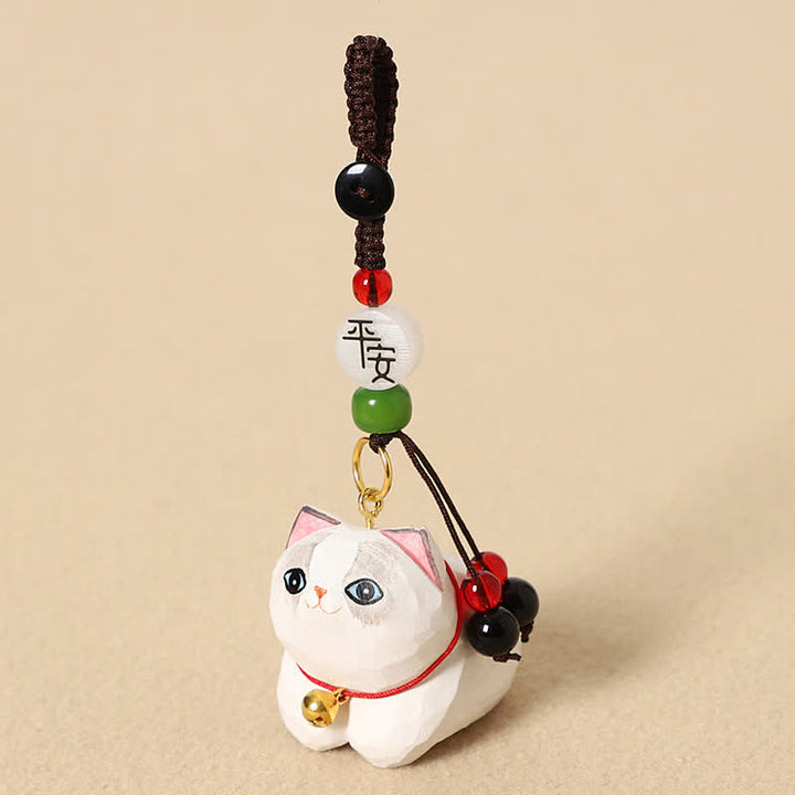 Buddha Stones Schlüsselanhänger aus Naturholz, handgeschnitzt, liegende Katze, Om Mani Padme Hum, Frieden - White Cat Peace - image 9
