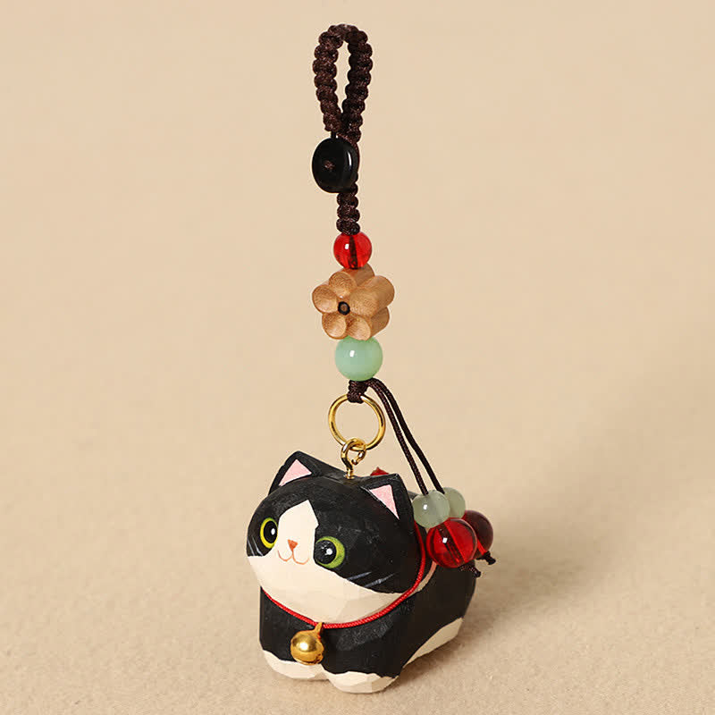 Buddha Stones Schlüsselanhänger aus Naturholz, handgeschnitzt, liegende Katze, Om Mani Padme Hum, Frieden - Schwarze Katze Pflaumenblüte - image 3