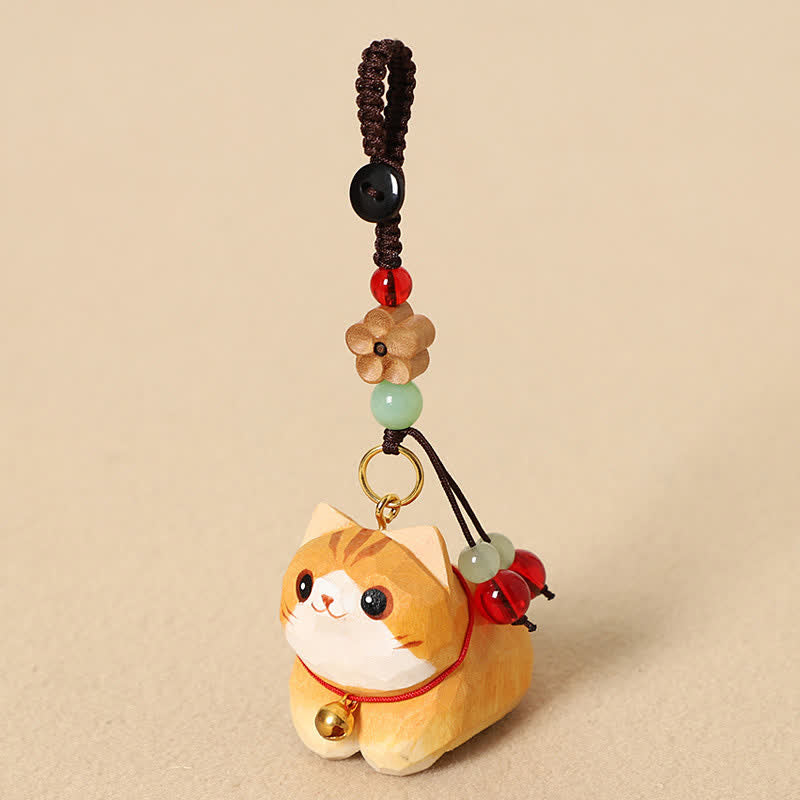 Buddha Stones Schlüsselanhänger aus Naturholz, handgeschnitzt, liegende Katze, Om Mani Padme Hum, Frieden - Orange Cat Plum Blossom - image 0