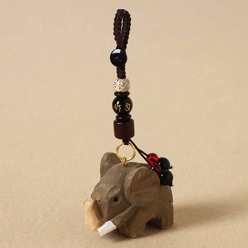 Buddha Stones Schlüsselanhänger mit Elefantenmotiv aus Naturholz – Frieden, Om Mani Padme Hum, Reinheit - Elefant Om Mani Padme Hum - image 0