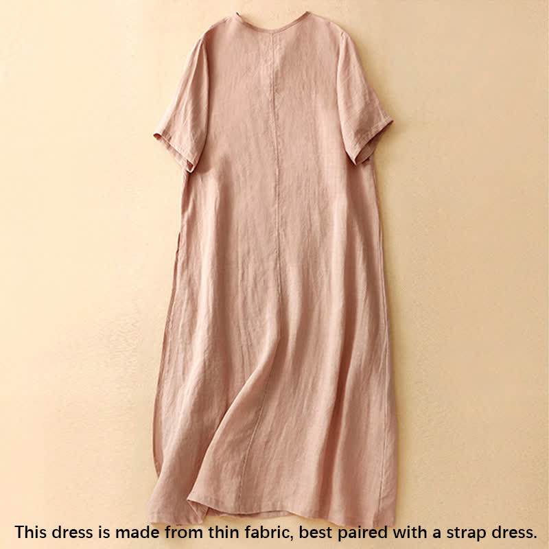 Buddha Stones Sommer-Midikleid für Damen mit V-Ausschnitt, Froschknopfleiste und kurzen Ärmeln - image 1