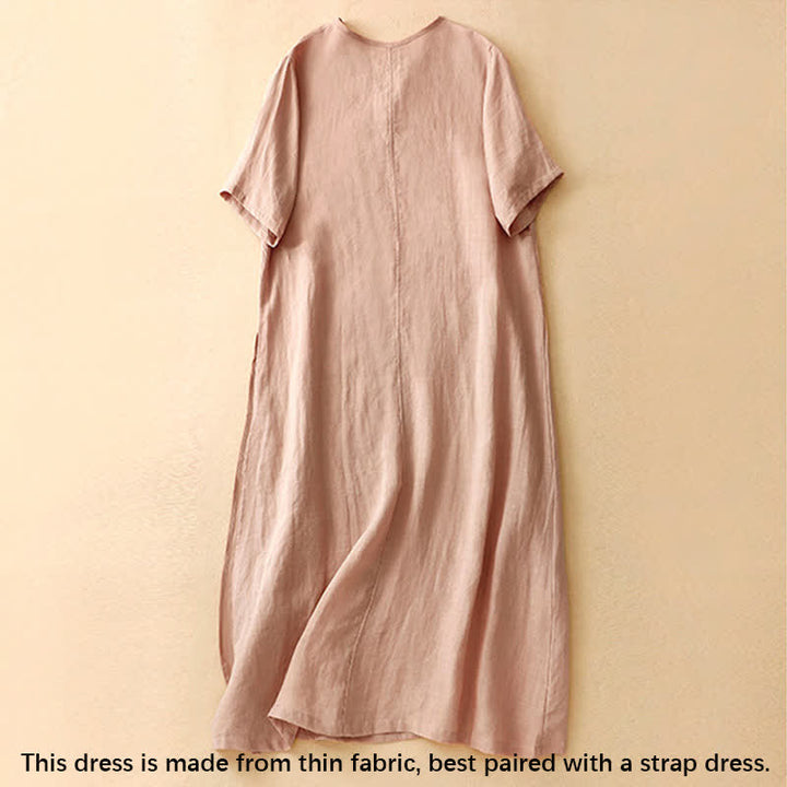 Buddha Stones Sommer-Midikleid für Damen mit V-Ausschnitt, Froschknopfleiste und kurzen Ärmeln - image 1