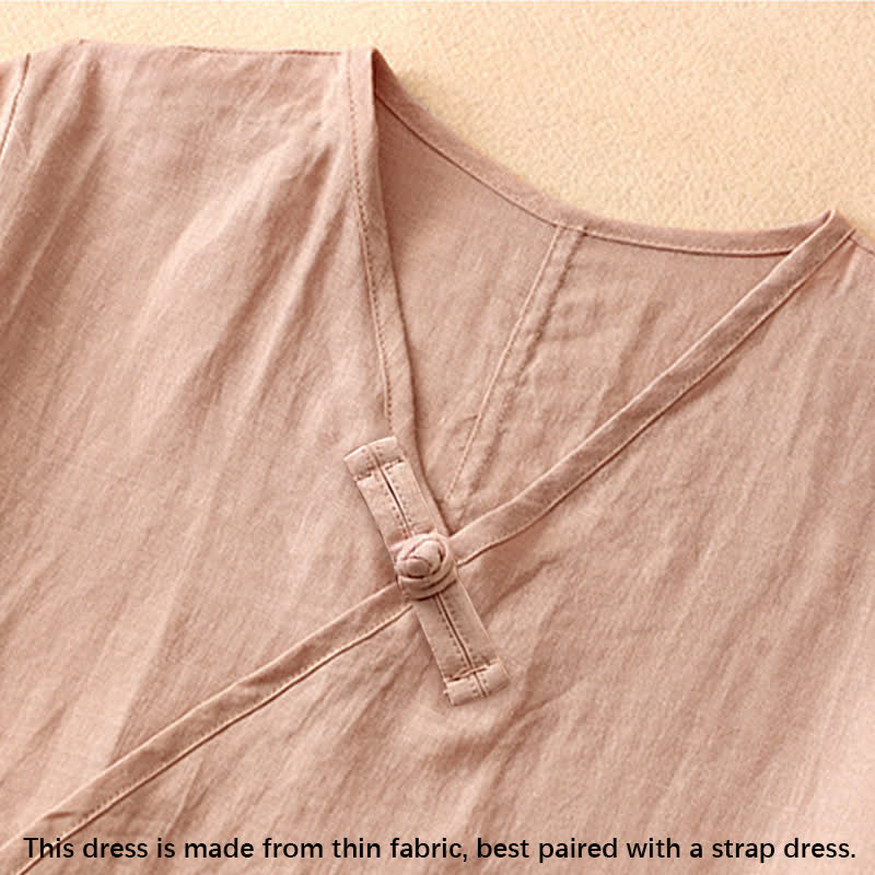 Buddha Stones Sommer-Midikleid für Damen mit V-Ausschnitt, Froschknopfleiste und kurzen Ärmeln - image 3