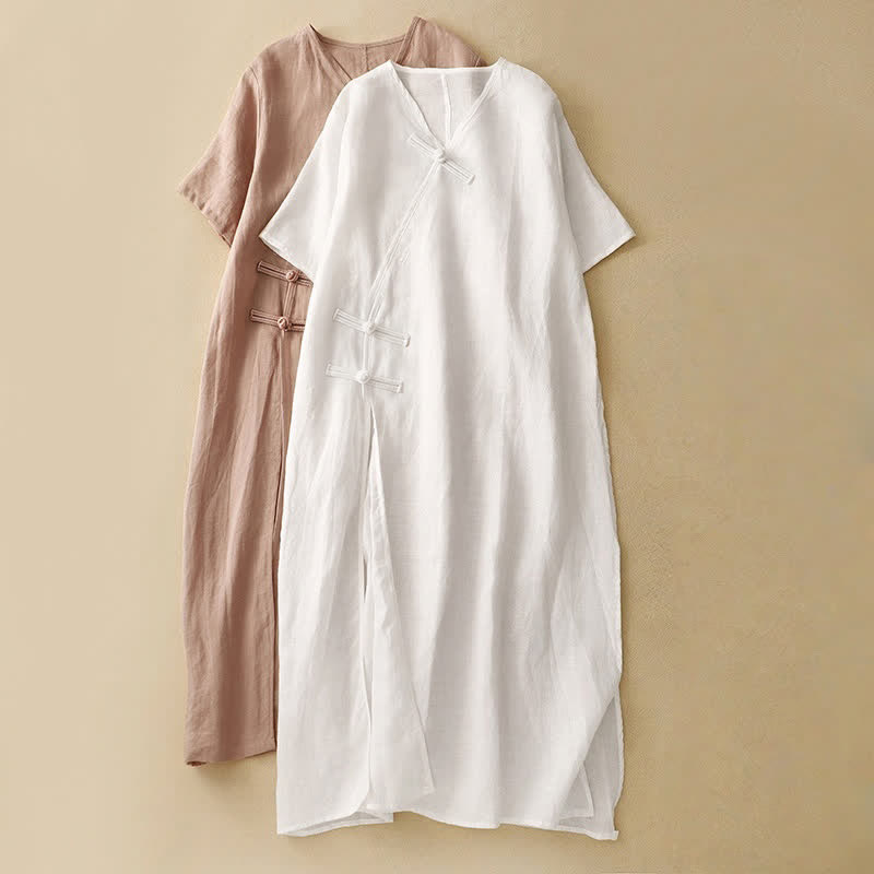 Buddha Stones Sommer-Midikleid für Damen mit V-Ausschnitt, Froschknopfleiste und kurzen Ärmeln - image 16
