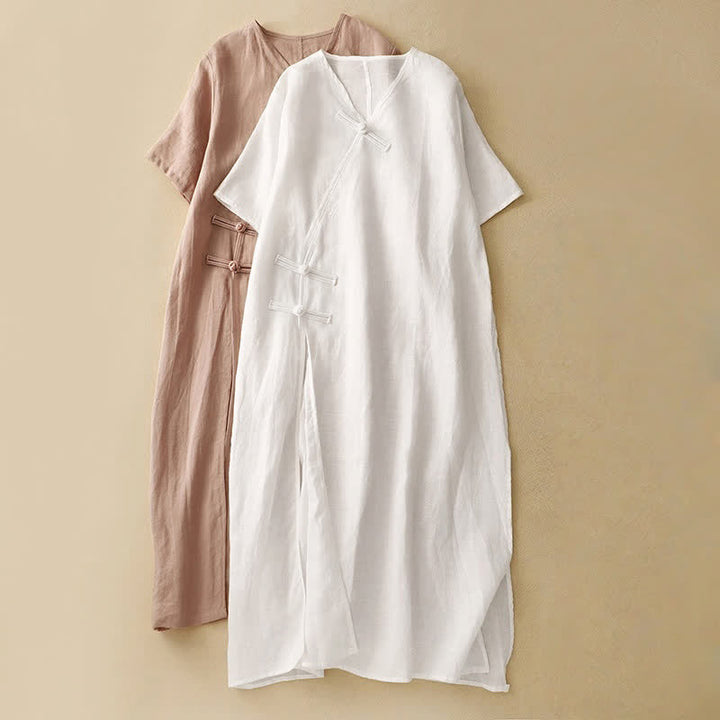 Buddha Stones Sommer-Midikleid für Damen mit V-Ausschnitt, Froschknopfleiste und kurzen Ärmeln - image 16