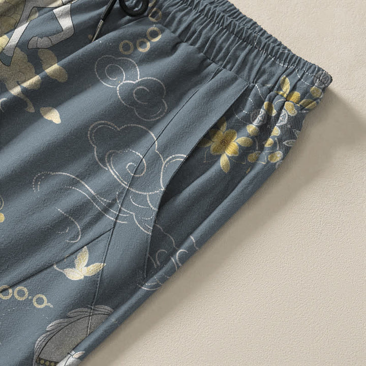 Buddha Stones Herrenhose aus reiner Baumwolle mit weißem Pferde-, Wolken- und Blütenmuster, Kordelzug, schmal zulaufendem Schnitt und Taschen - image 4