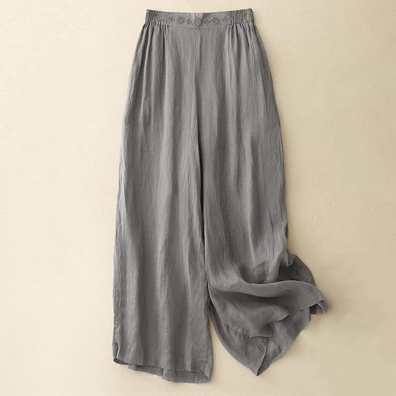 Buddha Stones Geometrische Stickerei Elastische Taille Damenhose aus Baumwolle und Leinen mit weitem Bein und Taschen - Grau - US12, UK/AU16, EU44 (2XL) - image 6