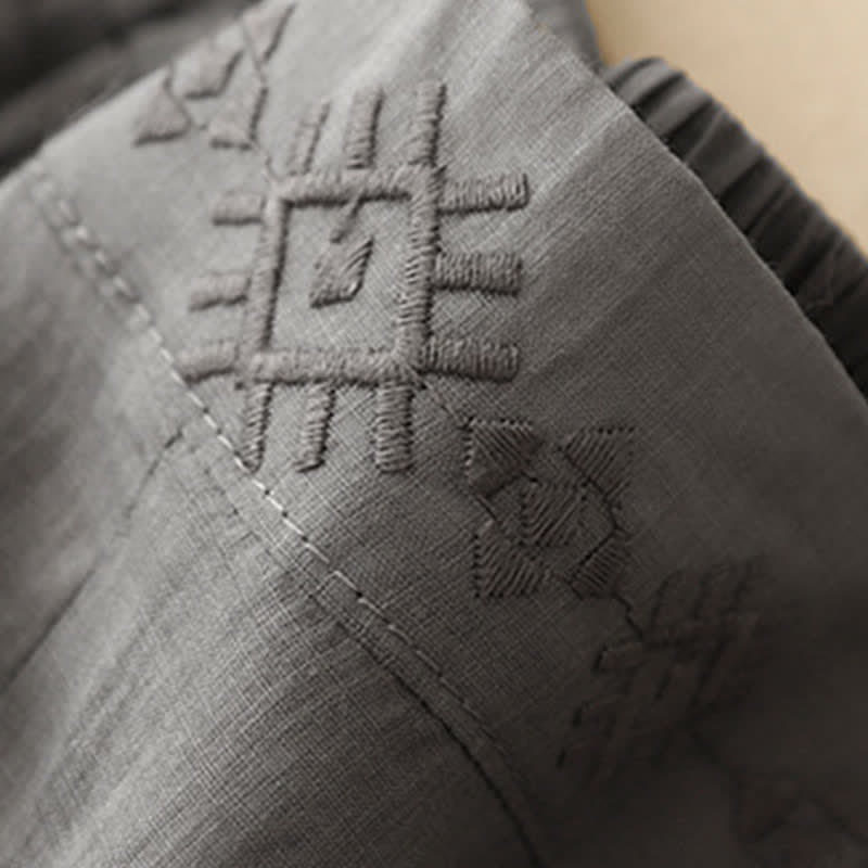 Buddha Stones Geometrische Stickerei Elastische Taille Damenhose aus Baumwolle und Leinen mit weitem Bein und Taschen - image 10