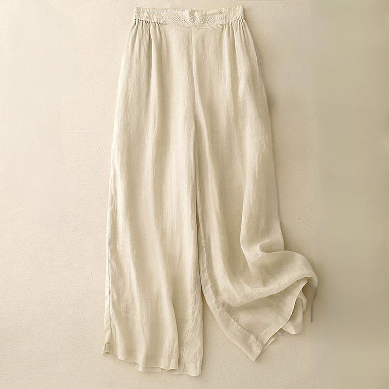 Buddha Stones Geometrische Stickerei Elastische Taille Damenhose aus Baumwolle und Leinen mit weitem Bein und Taschen - Beige - US12, UK/AU16, EU44 (2XL) - image 11