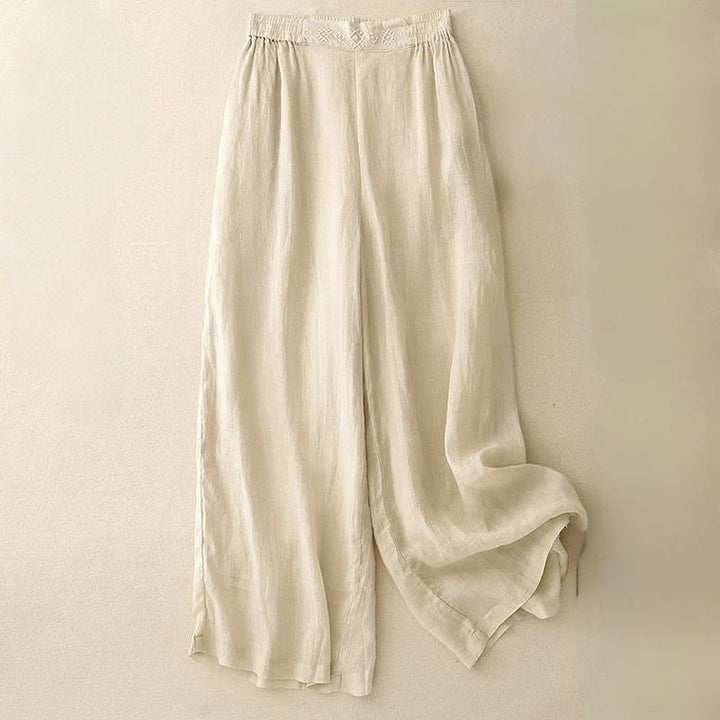 Buddha Stones Geometrische Stickerei Elastische Taille Damenhose aus Baumwolle und Leinen mit weitem Bein und Taschen - Beige - US12, UK/AU16, EU44 (2XL) - image 11