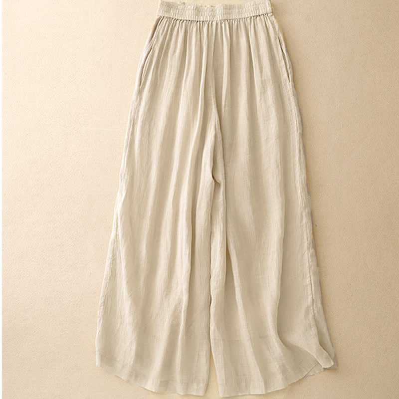 Buddha Stones Geometrische Stickerei Elastische Taille Damenhose aus Baumwolle und Leinen mit weitem Bein und Taschen - image 12