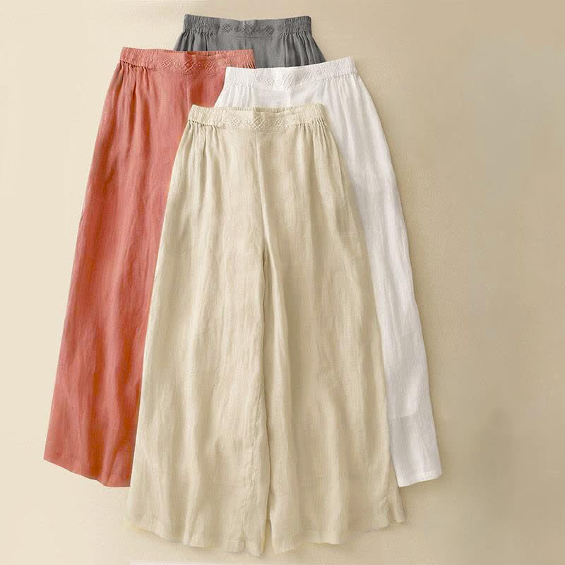 Buddha Stones Geometrische Stickerei Elastische Taille Damenhose aus Baumwolle und Leinen mit weitem Bein und Taschen - image 25