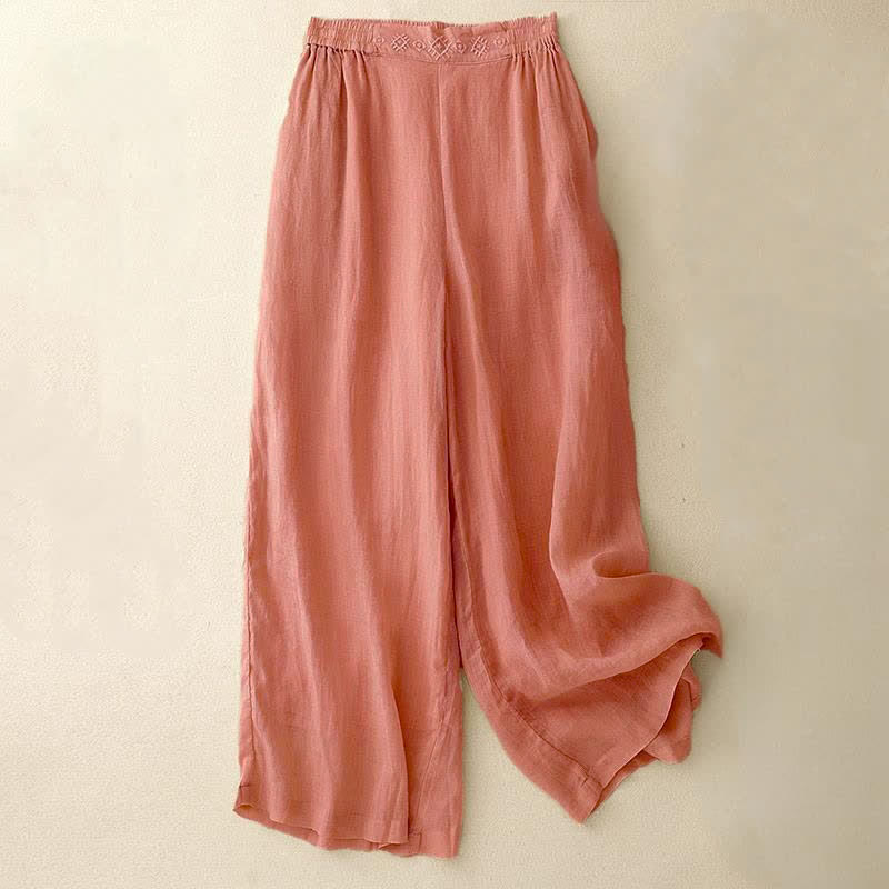 Buddha Stones Geometrische Stickerei Elastische Taille Damenhose aus Baumwolle und Leinen mit weitem Bein und Taschen - Helllachs - US12, UK/AU16, EU44 (2XL) - image 0