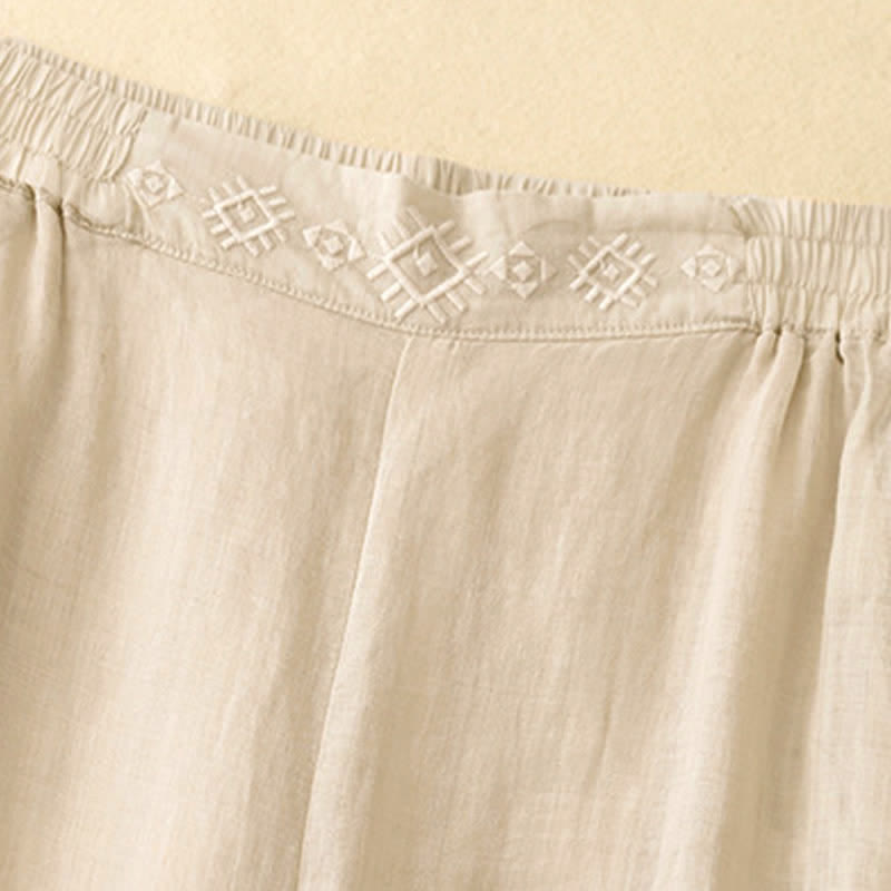 Buddha Stones Geometrische Stickerei Elastische Taille Damenhose aus Baumwolle und Leinen mit weitem Bein und Taschen - image 14