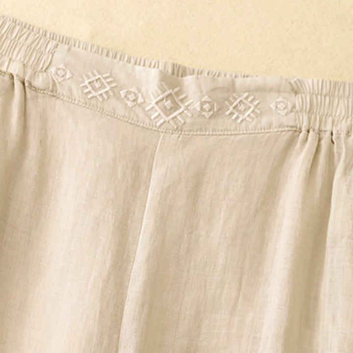 Buddha Stones Geometrische Stickerei Elastische Taille Damenhose aus Baumwolle und Leinen mit weitem Bein und Taschen - image 14