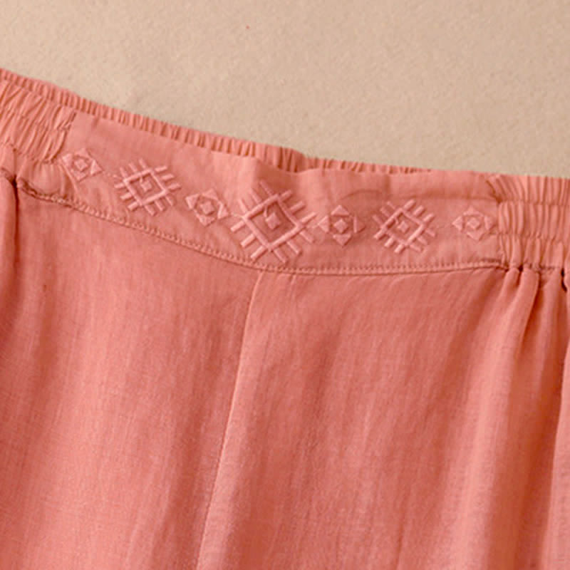 Buddha Stones Geometrische Stickerei Elastische Taille Damenhose aus Baumwolle und Leinen mit weitem Bein und Taschen - image 2