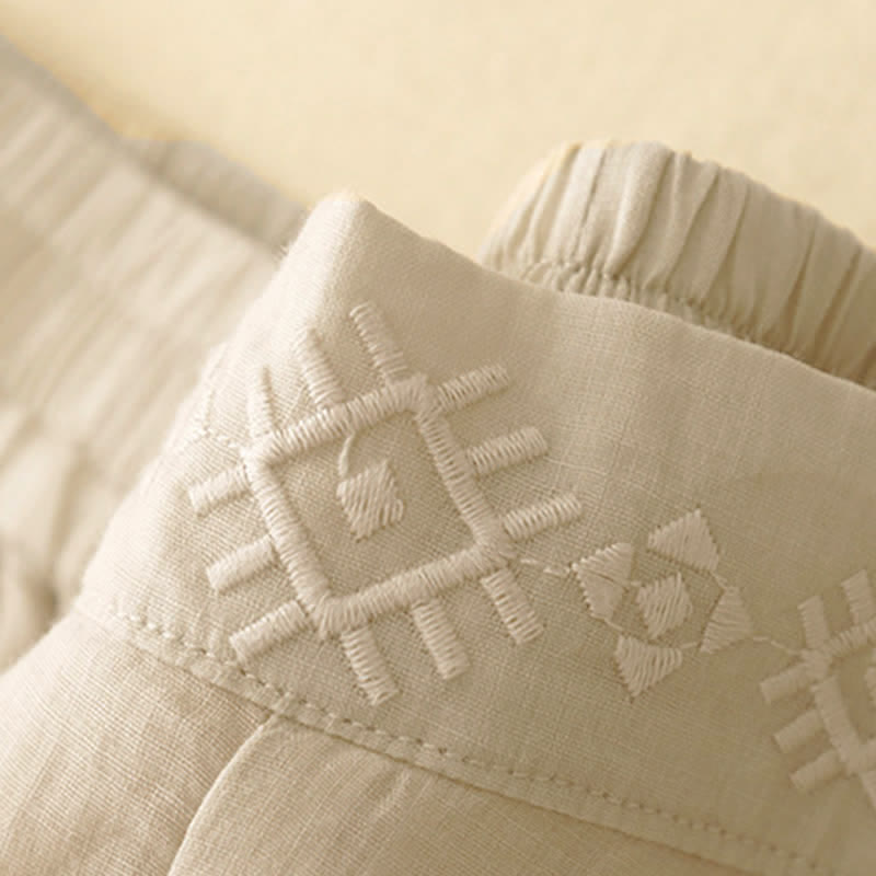 Buddha Stones Geometrische Stickerei Elastische Taille Damenhose aus Baumwolle und Leinen mit weitem Bein und Taschen - image 15