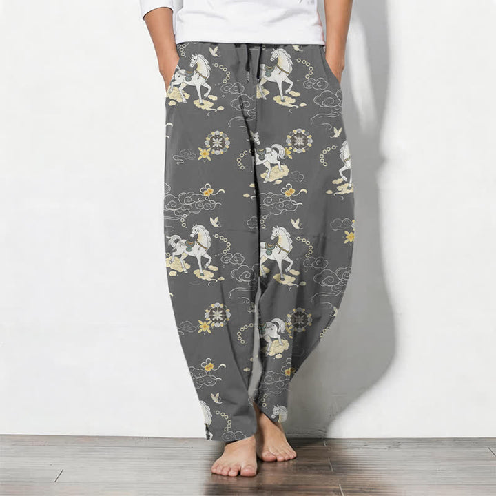 Buddha Stones Herrenhose aus reiner Baumwolle mit weißem Pferde-, Wolken- und Blütenmuster, Kordelzug, schmal zulaufendem Schnitt und Taschen - DimGray - US/ UK/AU50, EU60 (5XL) - image 7