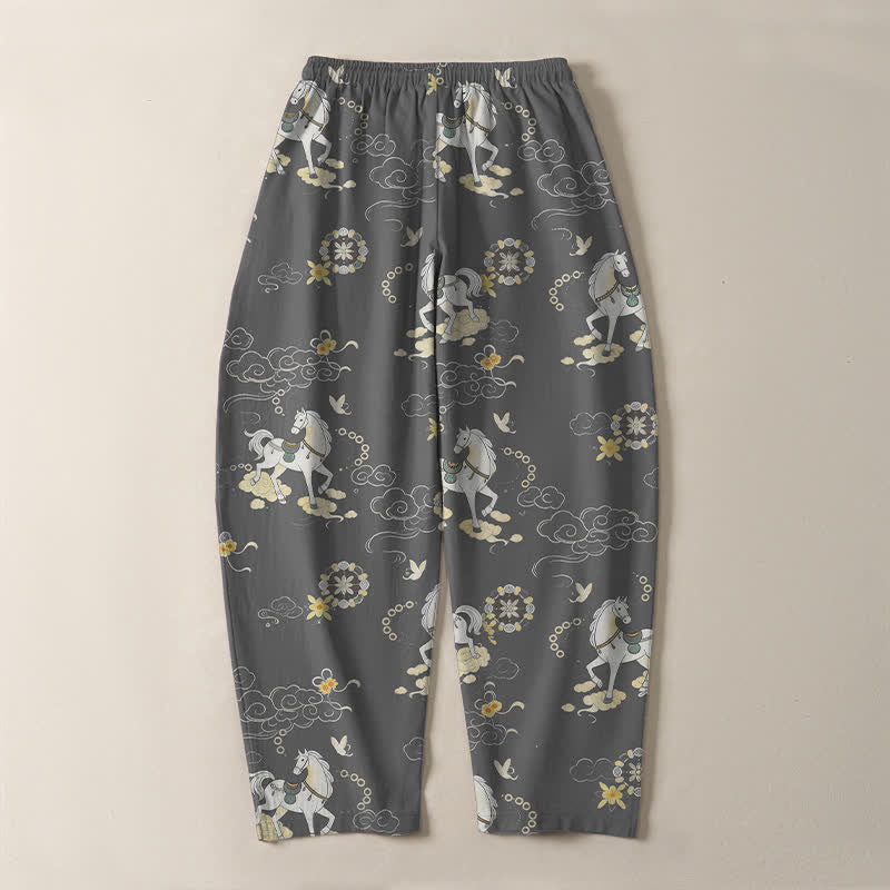 Buddha Stones Herrenhose aus reiner Baumwolle mit weißem Pferde-, Wolken- und Blütenmuster, Kordelzug, schmal zulaufendem Schnitt und Taschen - image 10