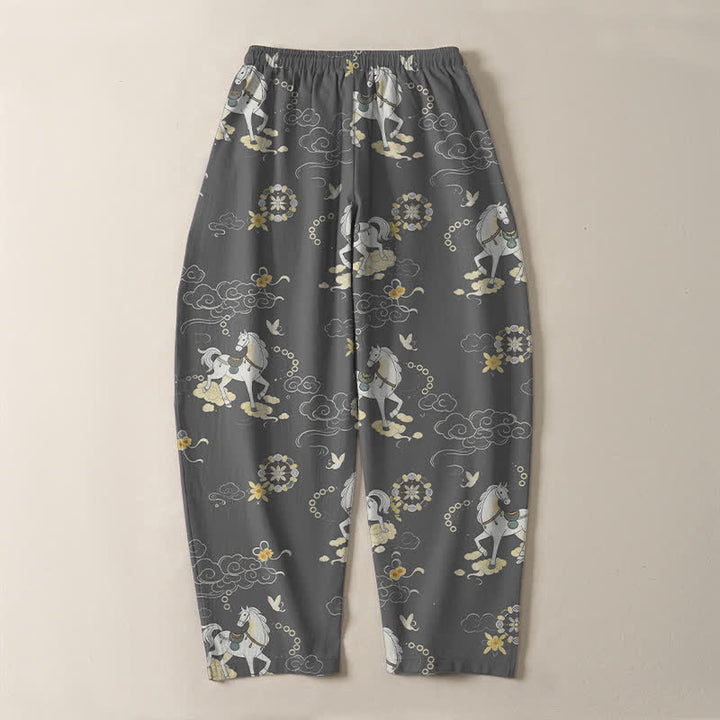 Buddha Stones Herrenhose aus reiner Baumwolle mit weißem Pferde-, Wolken- und Blütenmuster, Kordelzug, schmal zulaufendem Schnitt und Taschen - image 10